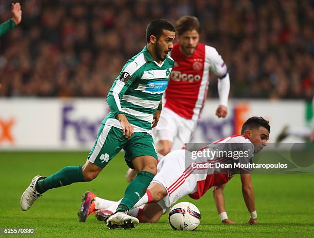 Lucas Villafanez of Panathinaikos evades Abdelhak Nouri of Ajax during the UEFA Europa League Group G match between AFC Ajax and Panathinaikos FC at...