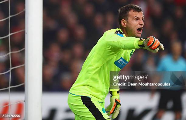 Goalkeeper Luke Steele of Panathinaikos organises his defence during the UEFA Europa League Group G match between AFC Ajax and Panathinaikos FC at...