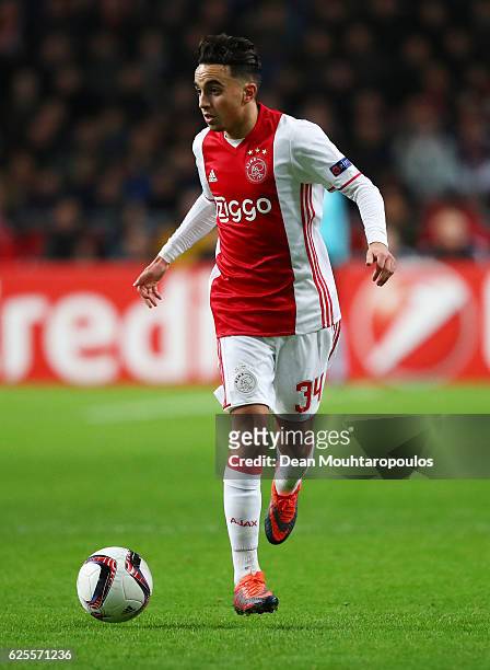 Abdelhak Nouri of Ajax in action during the UEFA Europa League Group G match between AFC Ajax and Panathinaikos FC at Amsterdam Arena on November 24,...