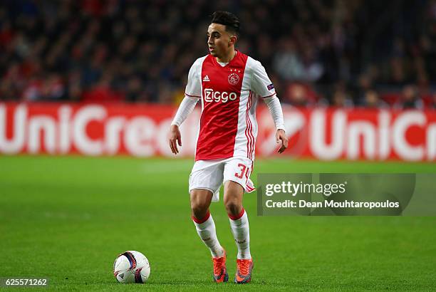 Abdelhak Nouri of Ajax in action during the UEFA Europa League Group G match between AFC Ajax and Panathinaikos FC at Amsterdam Arena on November 24,...