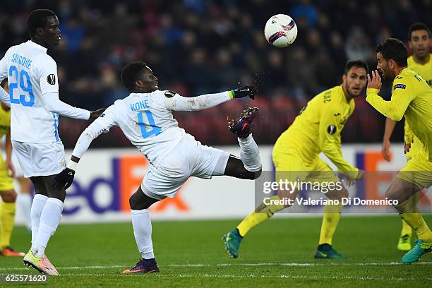 Sangone Sarr and Mousse Kone of FC Zurich competes for the ball with Victor Ruiz and Mateo Musacchio of Villareal during the UEFA Europa League match...