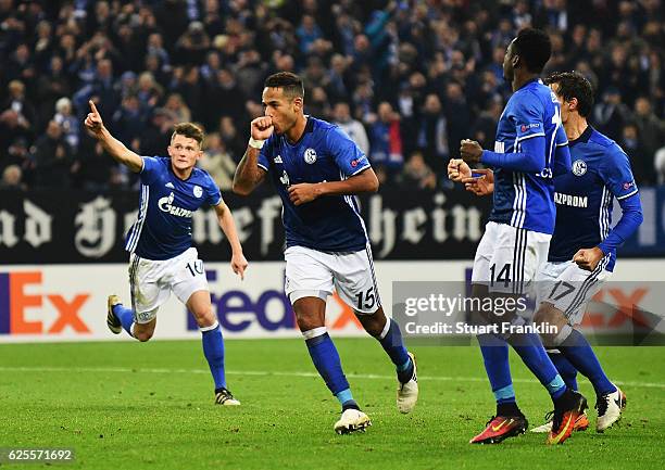 Dennis Aogo of Schalke celebrates as he scores their second goal from a penalty during the UEFA Europa League Group I match between FC Schalke 04 and...