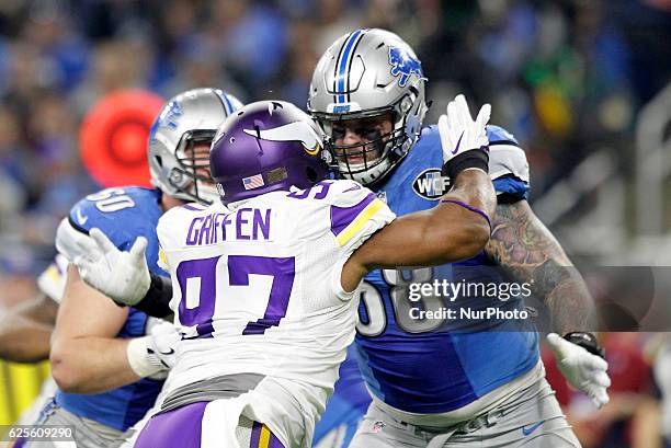 Detroit Lions offensive tackle Taylor Decker defends against Minnesota Vikings defensive end Everson Griffen during the first half of an NFL football...