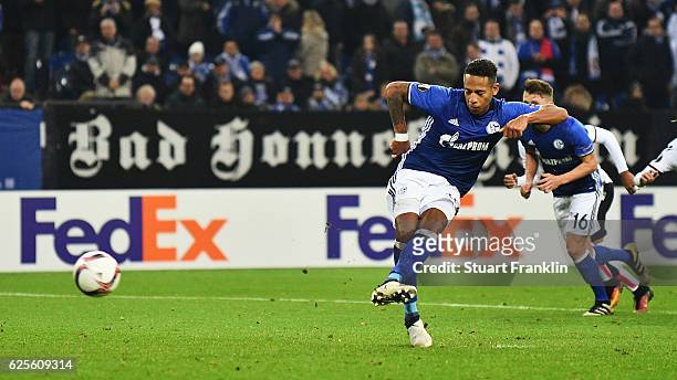 Dennis Aogo of Schalke scores their second goal from a penalty during the UEFA Europa League Group I match between FC Schalke 04 and OGC Nice at...