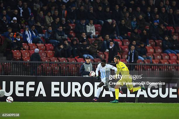 Mousse Kone of FC Zurich competes for the ball with Victor Ruiz of Villareal during the UEFA Europa League match between FC Zurich and Villarreal CF...