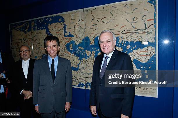 President of the 'Institut du Monde Arabe' Jack Lang and Minister of Foreign Affairs and International Development, Jean-Marc Ayrault attend the...