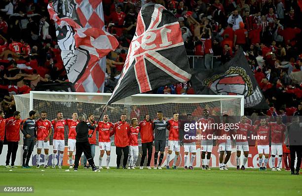 Players of Hapoel Beer-Sheva celebrate at the end of the UEFA Europa League match between Hapoel Beer-Sheva FC and FC Internazionale Milano at on...