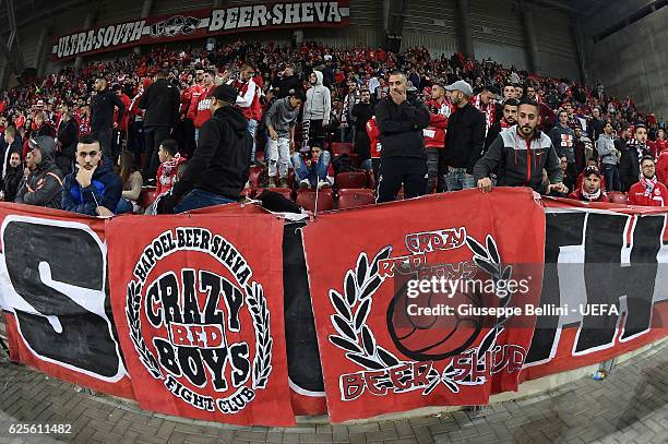 Fans of Hapoel Beer-Sheva FC during the UEFA Europa League match between Hapoel Beer-Sheva FC and FC Internazionale Milano at on November 24, 2016 in...