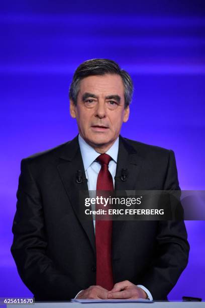 One of the two finalists in France's conservative presidential primary, Francois Fillon, speaks during the first televised debate between the two...