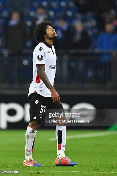 Dante of Nice reacts in defeat after the UEFA Europa League Group I match between FC Schalke 04 and OGC Nice at Veltins-Arena on November 24, 2016 in...