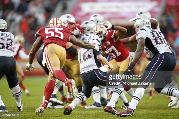 Ahmad Brooks of the San Francisco 49ers pressures Tom Brady of the New England Patriots during the game at Levi Stadium on November 11, 2016 in Santa...