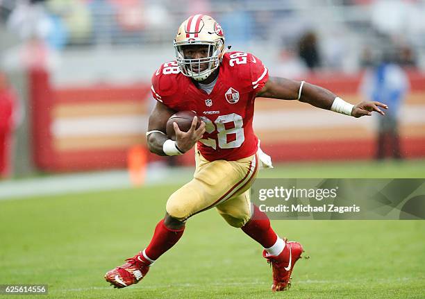 Carlos Hyde of the San Francisco 49ers rushes during the game against the New England Patriots at Levi Stadium on November 11, 2016 in Santa Clara,...