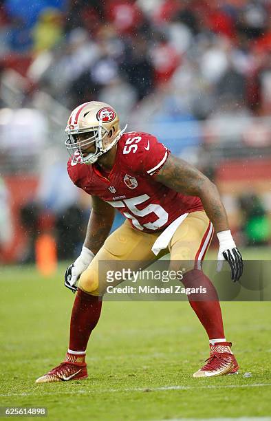 Ahmad Brooks of the San Francisco 49ers defends during the game against the New England Patriots at Levi Stadium on November 11, 2016 in Santa Clara,...