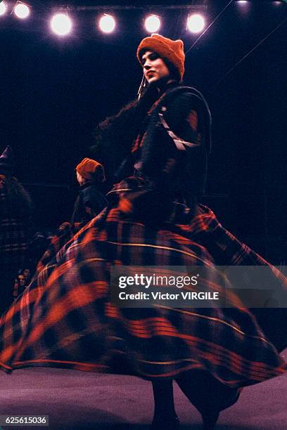 Model walks the runway at the Chantal Thomass Ready to Wear Fall/Winter 1985-1986 fashion show during the Paris Fashion Week in March, 1985 in Paris,...