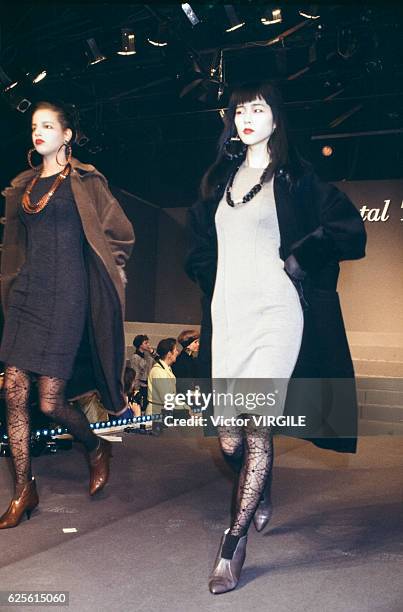 Model walks the runway at the Chantal Thomass Ready to Wear Fall/Winter 1985-1986 fashion show during the Paris Fashion Week in March, 1985 in Paris,...