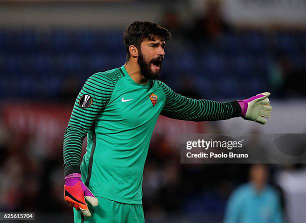 Roma goalkeeper Allison Becker gestures during the UEFA Europa League match between AS Roma and FC Viktoria Plzen at Olimpico Stadium on November 24,...