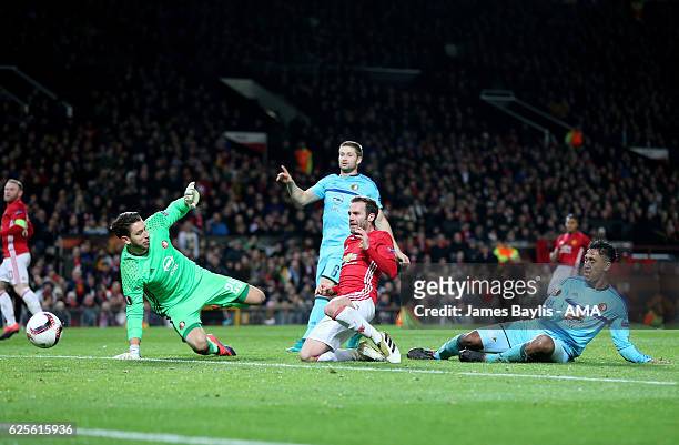 Juan Mata of Manchester United scores the second goal to make the score 2-0 during the UEFA Europa League match between Manchester United FC and...