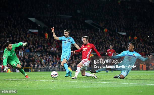 Juan Mata of Manchester United scores the second goal to make the score 2-0 during the UEFA Europa League match between Manchester United FC and...