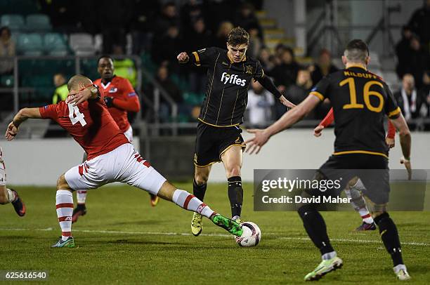 Dublin , Ireland - 24 November 2016; Sean Gannon of Dundalk in action against Ron Vlaar of AZ Alkmaar during UEFA Europa League Group D Matchday 5...