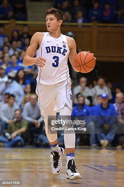 Grayson Allen of the Duke Blue Devils dribbles up court against the William & Mary Tribe at Cameron Indoor Stadium on November 23, 2016 in Durham,...