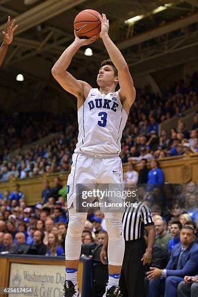 Grayson Allen of the Duke Blue Devils puts up a shot against the William & Mary Tribe at Cameron Indoor Stadium on November 23, 2016 in Durham, North...