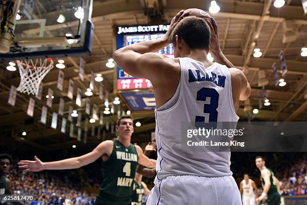 Grayson Allen of the Duke Blue Devils looks to in-bounds the ball against the William & Mary Tribe at Cameron Indoor Stadium on November 23, 2016 in...