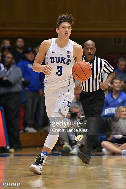 Grayson Allen of the Duke Blue Devils dribbles up court against the William & Mary Tribe at Cameron Indoor Stadium on November 23, 2016 in Durham,...