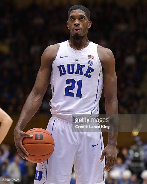 Amile Jefferson of the Duke Blue Devils concentrates at the free-throw line against the William & Mary Tribe at Cameron Indoor Stadium on November...
