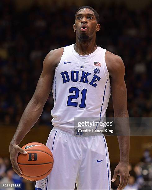 Amile Jefferson of the Duke Blue Devils concentrates at the free-throw line against the William & Mary Tribe at Cameron Indoor Stadium on November...