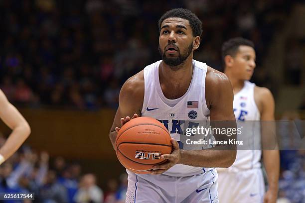 Matt Jones of the Duke Blue Devils concentrates at the free-throw line against the William & Mary Tribe at Cameron Indoor Stadium on November 23,...