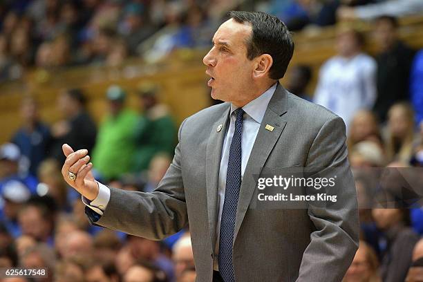 Head coach Mike Krzyzewski of the Duke Blue Devils directs his team against the William & Mary Tribe at Cameron Indoor Stadium on November 23, 2016...