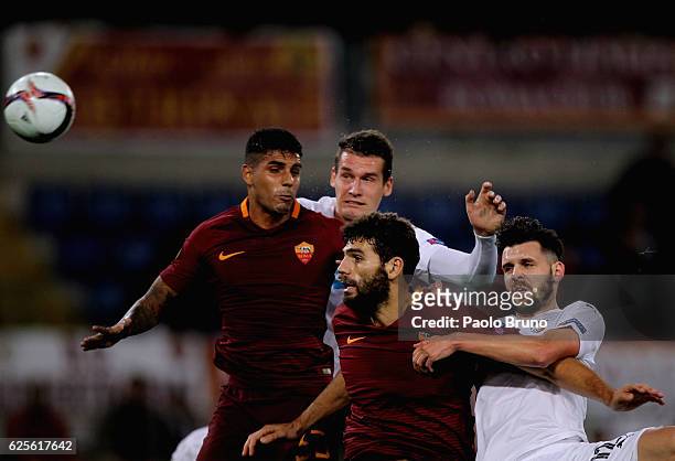 Michal Duris of FC Viktoria Plzen competes for the ball with Federico Fazio and Leandro Paredes AS Roma during the UEFA Europa League match between...