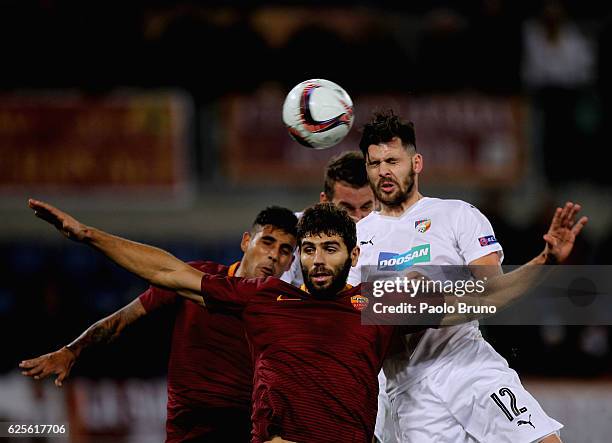 Michal Duris of FC Viktoria Plzen competes for the ball with Federico Fazio and Leandro Paredes AS Roma during the UEFA Europa League match between...