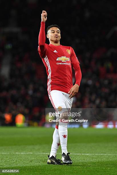 Jesse Lingard of Manchester United celebrates as he scores their fourth goal during the UEFA Europa League Group A match between Manchester United FC...