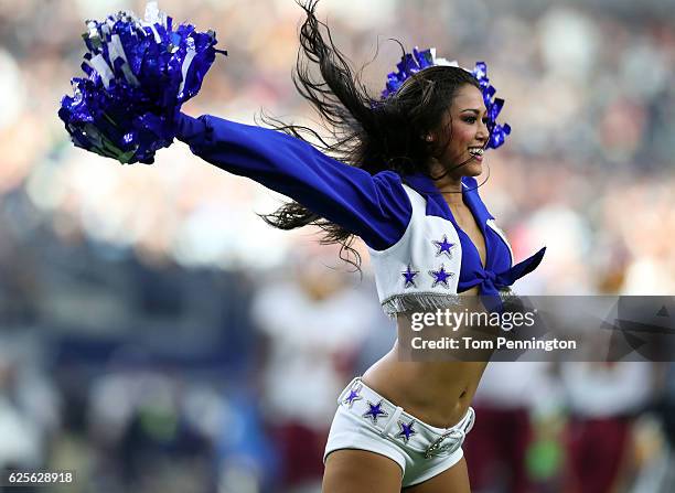 Dallas Cowboys cheerleader performs on the field during the game against the Washington Redskins at AT&T Stadium on November 24, 2016 in Arlington,...