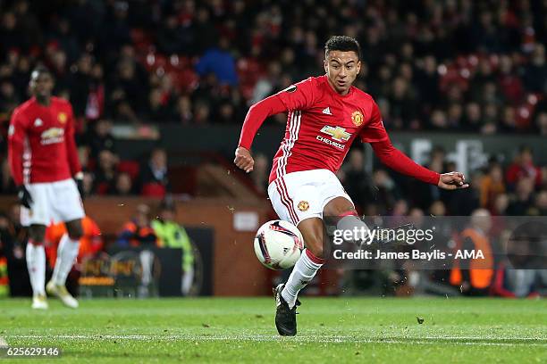 Jesse Lingard of Manchester United scores the fourth goal to make the score 4-0 during the UEFA Europa League match between Manchester United FC and...