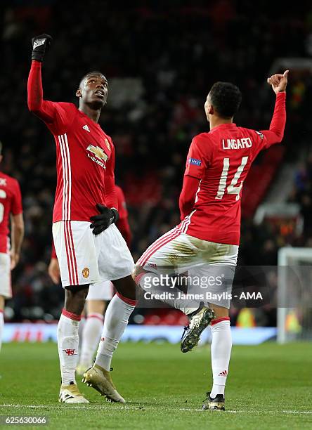 Jesse Lingard of Manchester United celebrates with Paul Pogba after scoring the fourth goal to make the score 4-0 during the UEFA Europa League match...