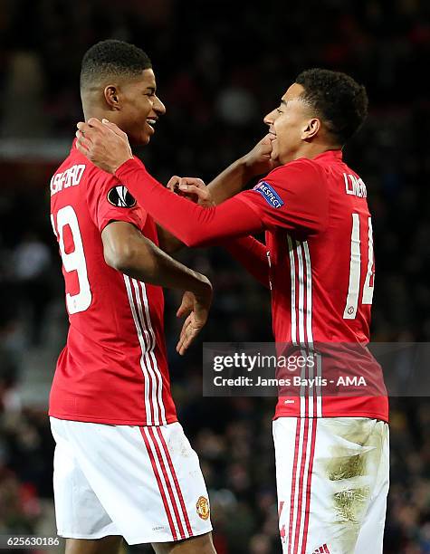 Jesse Lingard of Manchester United celebrates with Marcus Rashford after scoring the fourth goal to make the score 4-0 during the UEFA Europa League...