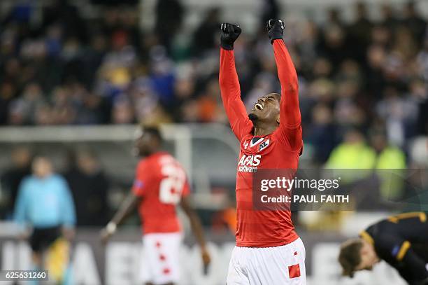 Alkmaar's Dutch defender Ridgeciano Haps celebrates at the end of the UEFA Europa League group D football match between Dundalk and AZ Alkmaar at the...