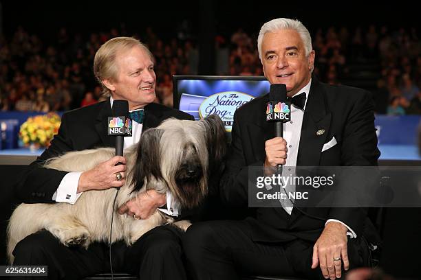 Pictured: Host David Frei, 2015 Best in Show winner Good Time Charlie the Skye Terrier, Host John O'Hurley --