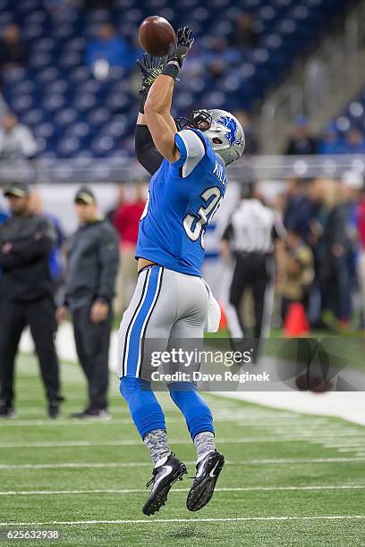 Miles Killebrew of the Detroit Lions warms up before an NFL game against the Jacksonville Jaguars at Ford Field on November 20, 2016 in Detroit,...