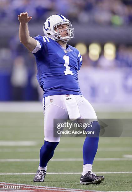 Pat McAfee of the Indianapolis Colts reacts after throwing a first down pass on a trick play during the second quarter of the game against the...