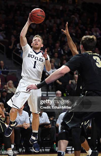 Tyler Lewis of the Butler Bulldogs drives to the basket against the Vanderbilt Commodores during the 2016 Continental Tire Las Vegas Invitational...