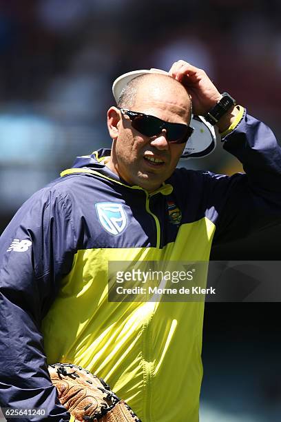South African coach Russell Domingo looks on during day two of the Third Test match between Australia and South Africa at Adelaide Oval on November...