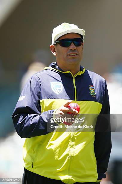 South African coach Russell Domingo looks on during day two of the Third Test match between Australia and South Africa at Adelaide Oval on November...