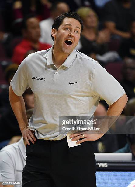 Head coach Bryce Drew of the Vanderbilt Commodores reacts to an official's call as his team takes on the Butler Bulldogs during the 2016 Continental...