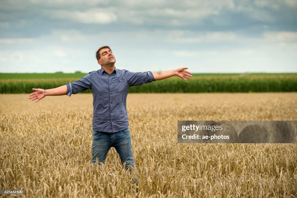 Homem em um campo de trigo, braços estendidos