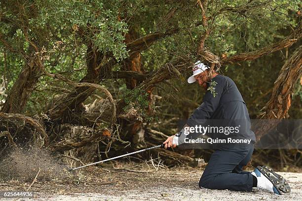 Andy Sullivan of England plays a ball out of the rough during day two of the World Cup of Golf at Kingston Heath Golf Club on November 25, 2016 in...