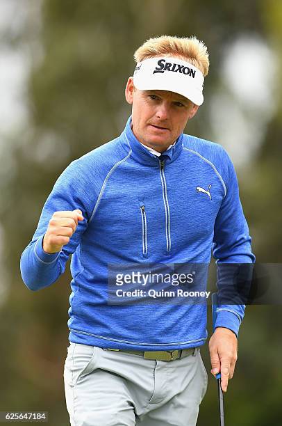 Soren Kjeldsen of Denmark celebrates a birdie during day two of the World Cup of Golf at Kingston Heath Golf Club on November 25, 2016 in Melbourne,...