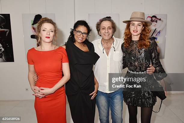 Artists Petronille Leroux, Missia O, Galerie 18 owner Jean Paul Lubliner and Julia Etedi attend "In Beetween" Collective Exhibition Preview at...